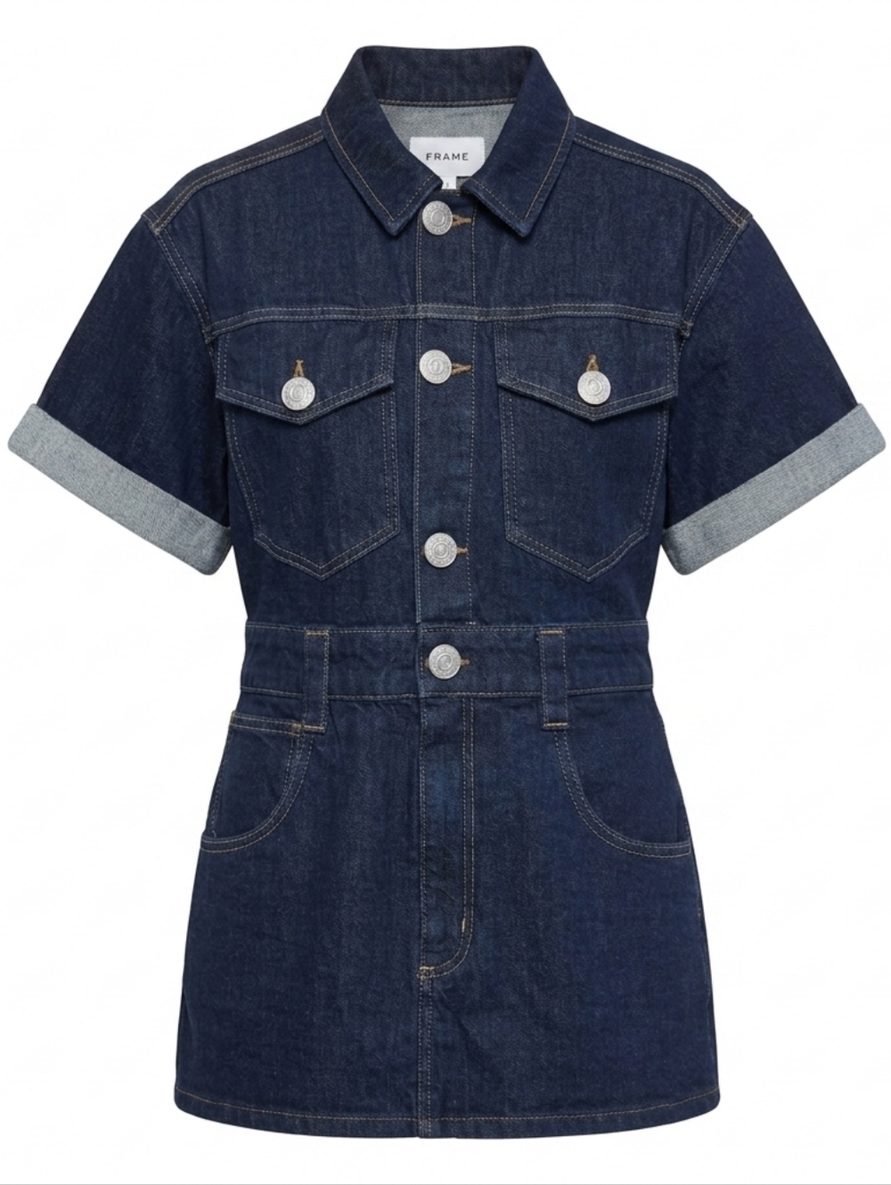 FRAME Oversized Denim Detail Mini Shirt Dress Blue Wash Jean Sz L